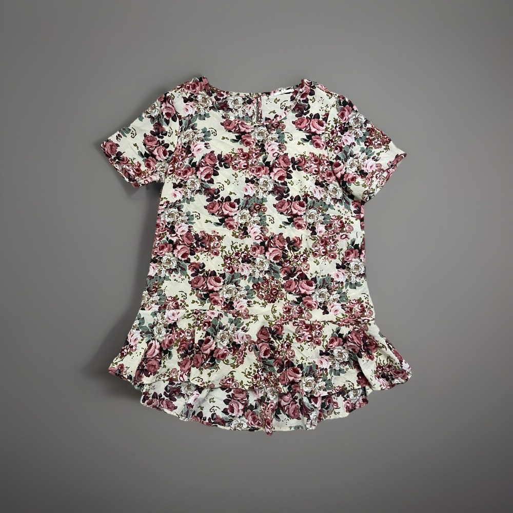 Pleione‎  Floral Print Cap Sleeve Peplum Hem Women's Medium Top Blouse R1
